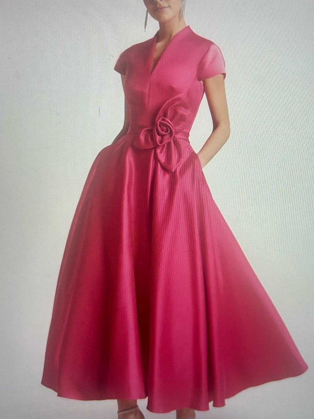 Elegant Fuchsia Cap-Sleeve A-Line Dress with Floral Waist Detail